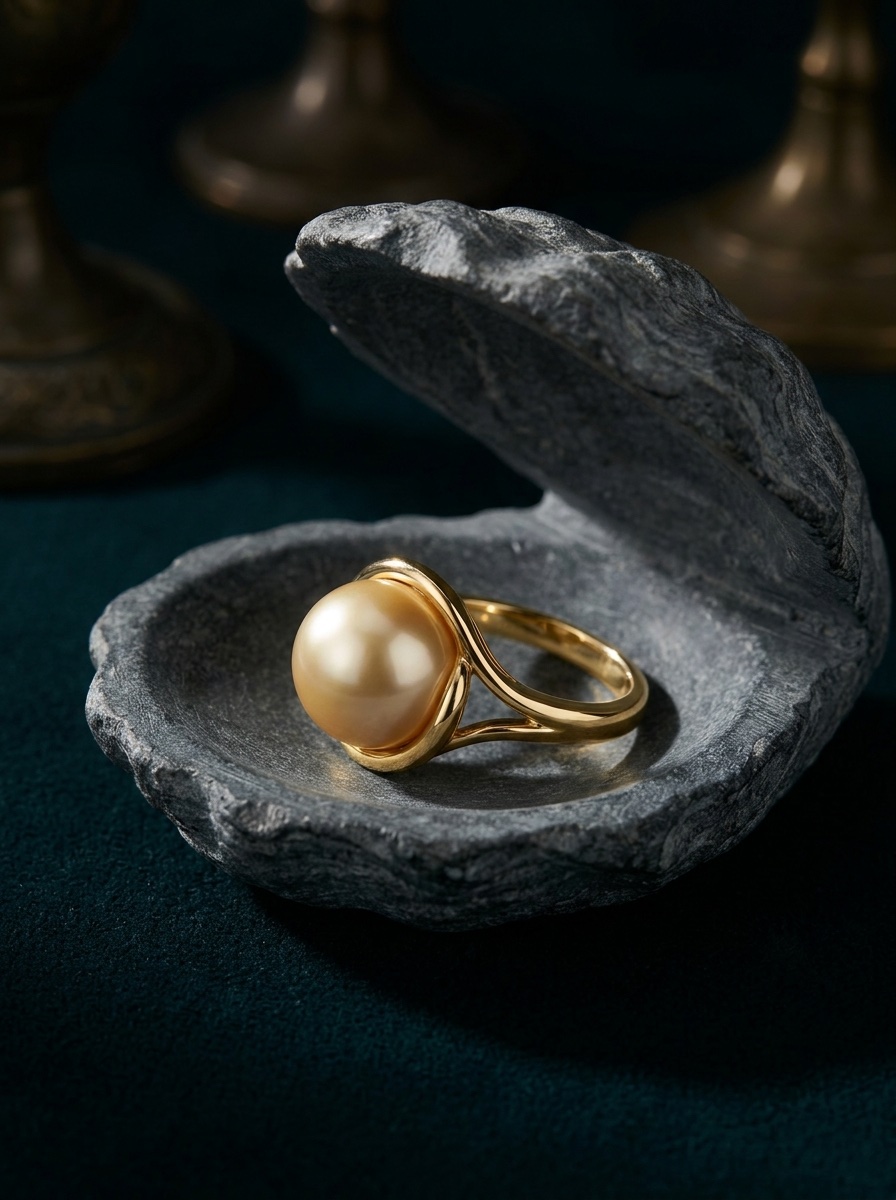 A golden South Sea pearl ring in yellow gold, presented in a carved stone shell