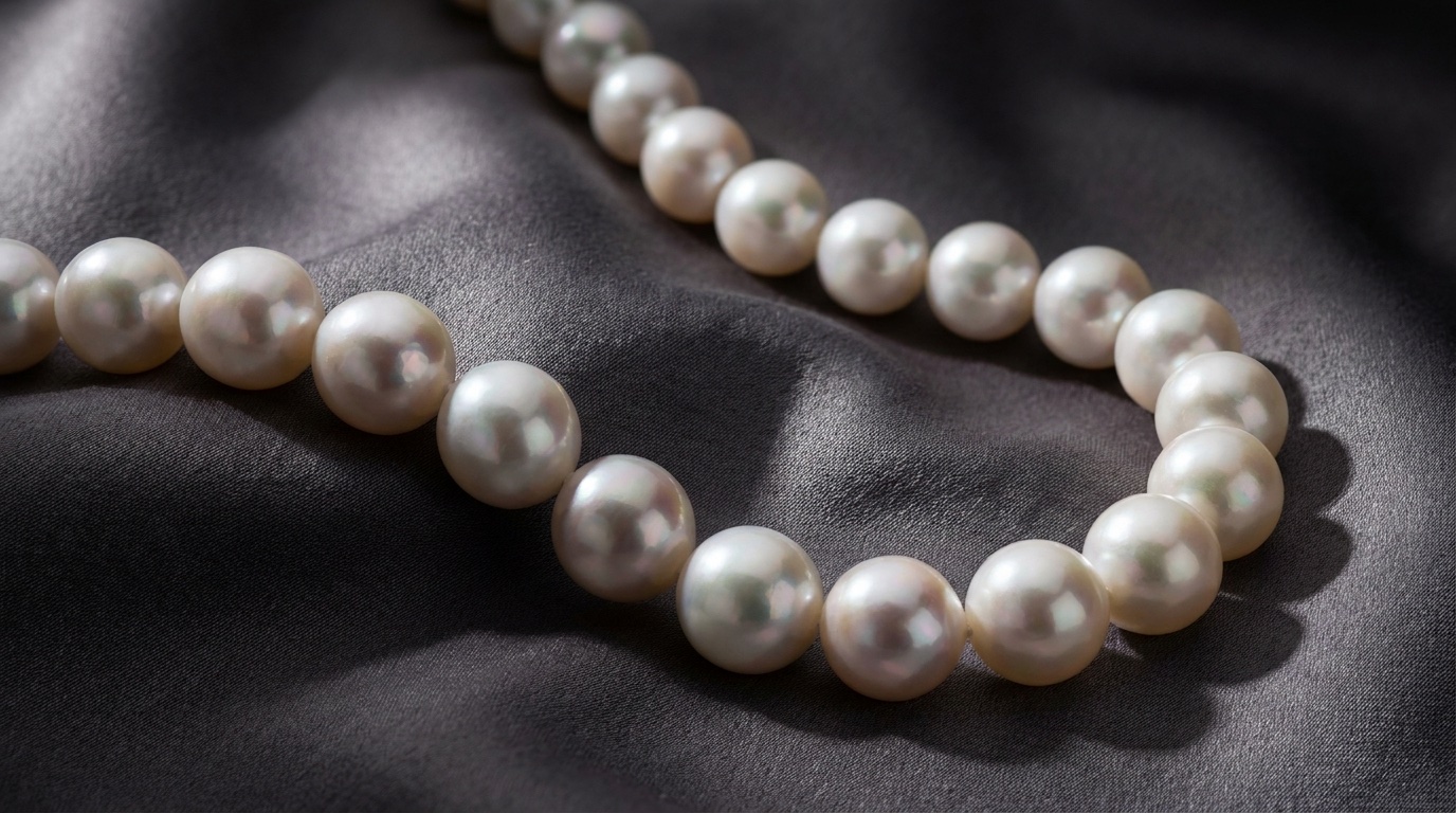 A strand of white South Sea pearls resting on folds of charcoal silk